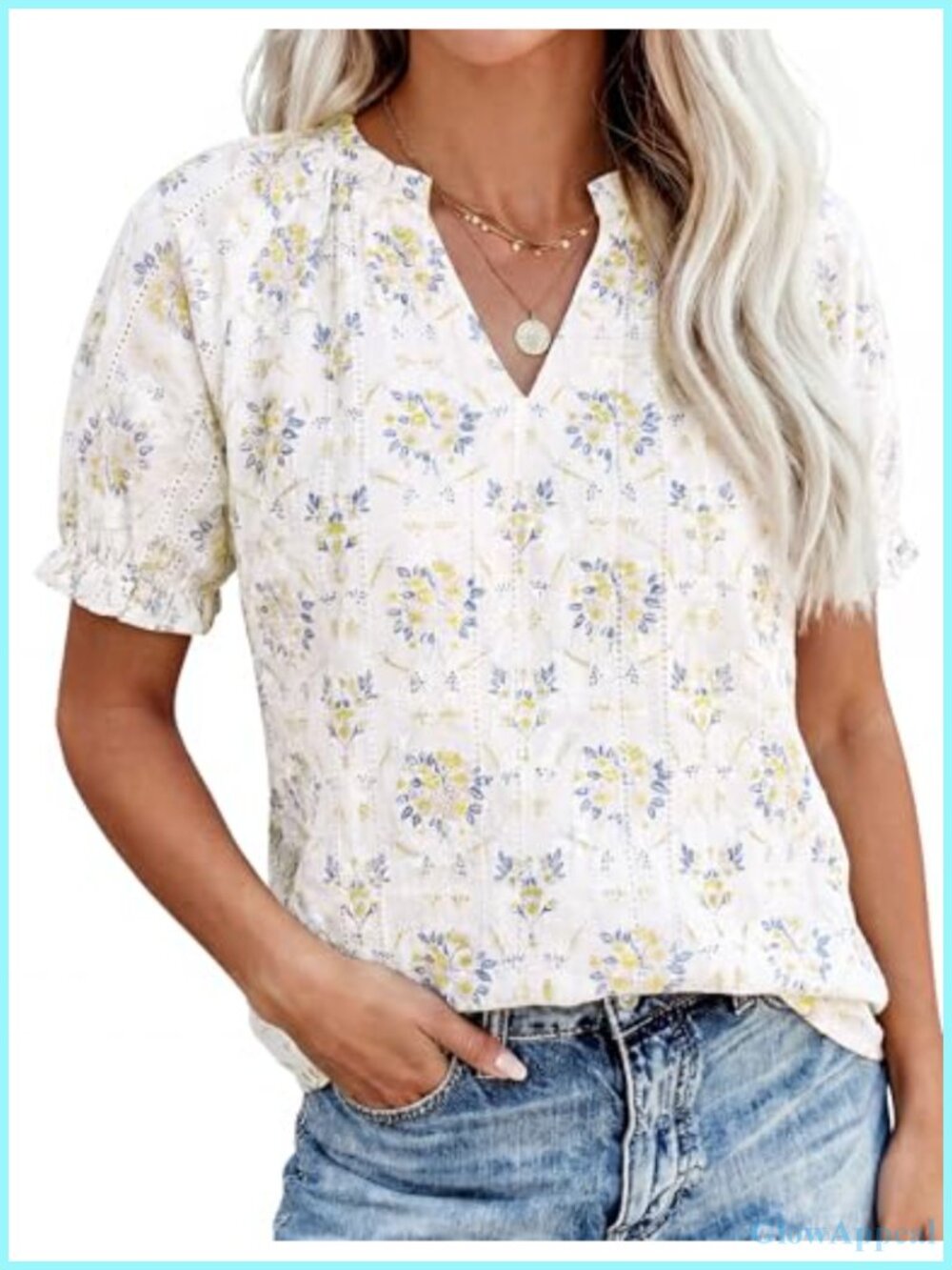 Women's Floral Short Sleeve Blouse V-Neck Ruffle Boho Summer Casual Top